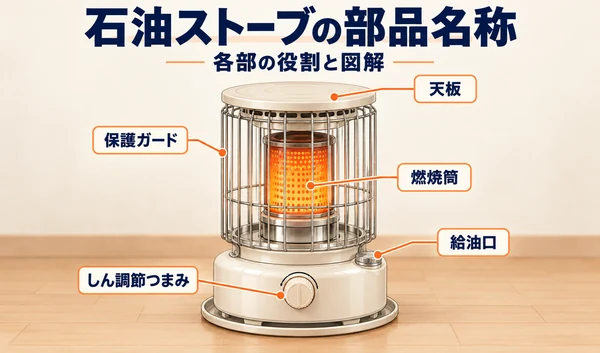 対流式石油ストーブの天板・保護ガード・燃焼筒・しん調節つまみ・給油口を示した図解