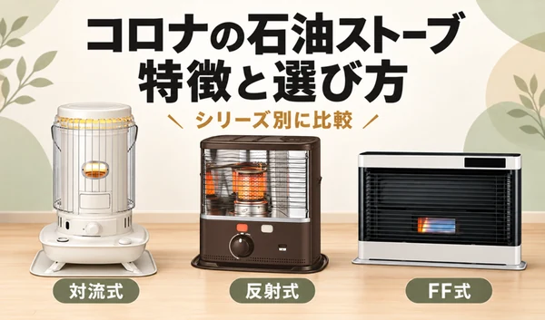 コロナの対流式・茶色の反射式・FF式石油ストーブを並べ、特徴と選び方を紹介するサムネイル