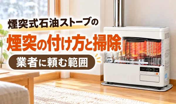煙突が上方向に伸びた煙突式石油ストーブと、煙突の取り付け方・掃除・業者に依頼する範囲を紹介するサムネイル画像。