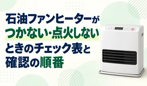 石油ファンヒーター1台と、点火しないときのチェック表と確認の順番を案内するタイトルのイラスト。