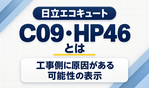 日立エコキュートのC09・HP46と、工事側に原因がある可能性の表示を示す文字サムネイル