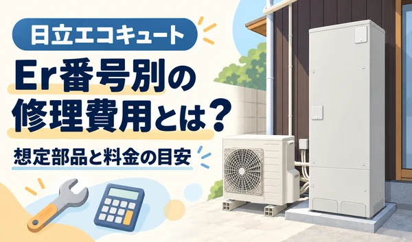 日立エコキュートと工具・電卓を描いた、Er番号別の修理費用を紹介するサムネイル