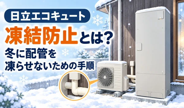 雪の中に設置された日立エコキュートと、保温材で覆われた配管の拡大図