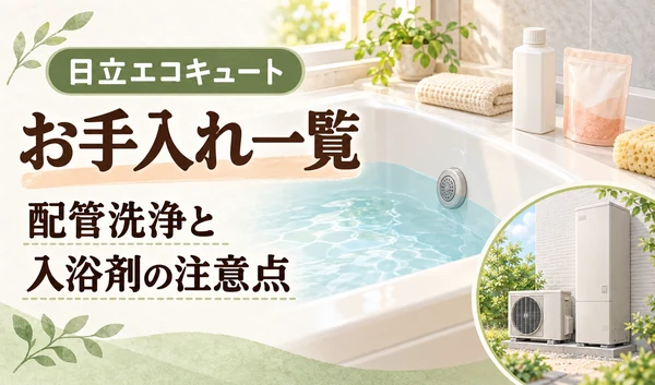 浴槽の循環口と洗浄用品、入浴剤、日立エコキュートを描いたお手入れのサムネイル