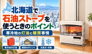 北海道の雪景色を背景に、窓のない壁際に設置され、煙突が真上に伸びた石油ストーブのサムネイル画像。