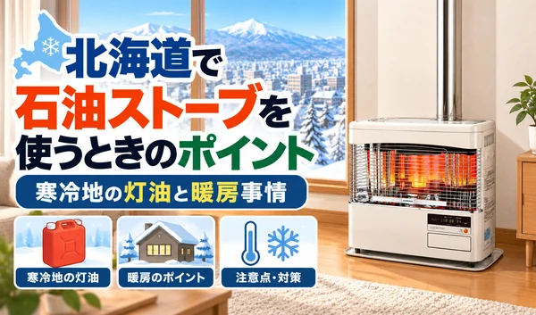 北海道の雪景色を背景に、窓のない壁際に設置され、煙突が真上に伸びた石油ストーブのサムネイル画像。