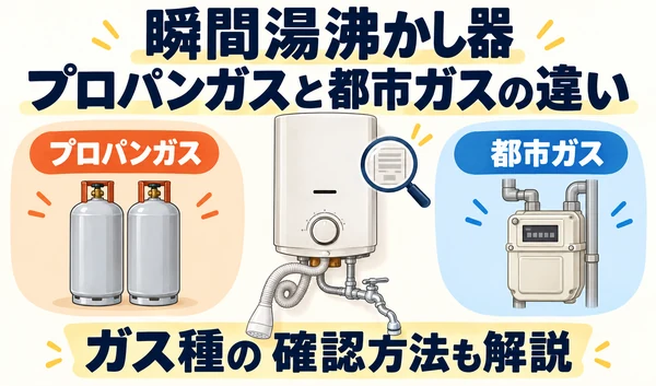 瞬間湯沸かし器とプロパンガスのボンベ、都市ガスのメーターを描いた比較イラスト
