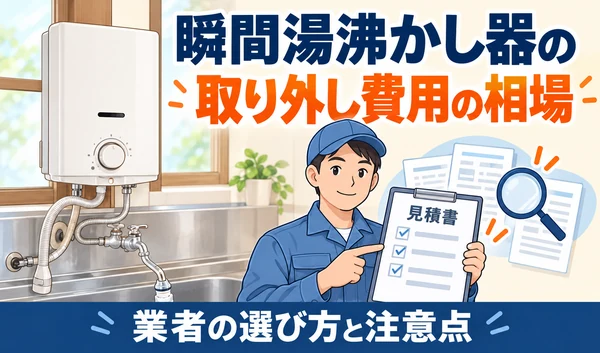 瞬間湯沸かし器と、取り外し費用の見積書を説明する作業員のイラスト