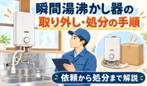 瞬間湯沸かし器を確認する作業員と、取り外した機器・回収用の箱を描いたイラスト
