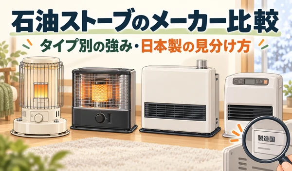 石油ストーブの各タイプを並べ、虫眼鏡で製造国の表示を確認するイラスト