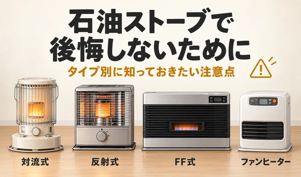 対流式・反射式・FF式・ファンヒーターを並べ、石油ストーブで後悔しないための注意点を紹介するサムネイル