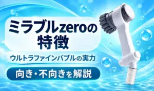 青い水の背景にミラブルzero本体と「ウルトラファインバブルの実力」「向き・不向きを解説」の見出しを配置したサムネイル