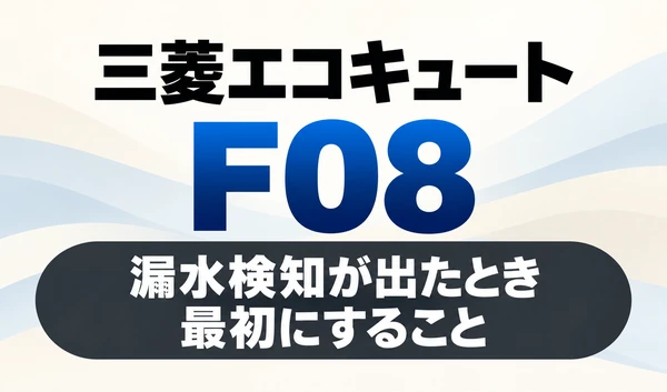 三菱エコキュートのF08と「漏水検知が出たとき最初にすること」を示す文字のみのサムネイル