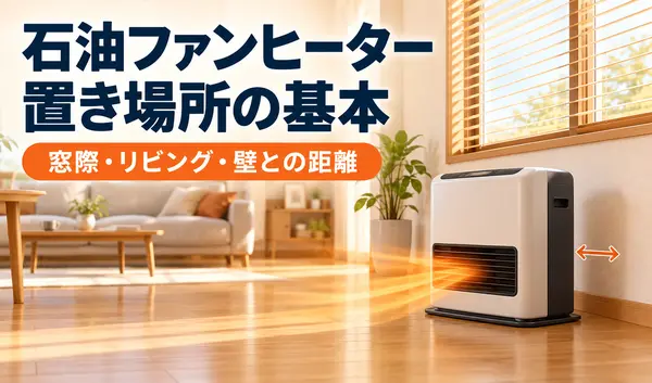 石油ファンヒーターをリビングの窓際に置き、壁との間隔を矢印で示したサムネイル