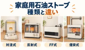 対流式・反射式・FF式・煙突式の家庭用石油ストーブを並べた比較イラスト
