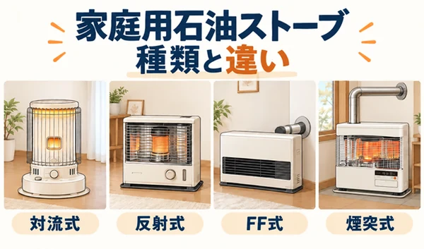 対流式・反射式・FF式・煙突式の家庭用石油ストーブを並べた比較イラスト