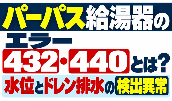 パーパス給湯器のエラー432・440と、水位とドレン排水の検出異常を示すサムネイル