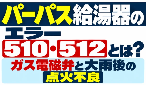 パーパス給湯器のエラー510・512と、ガス電磁弁と大雨後の点火不良を示すサムネイル