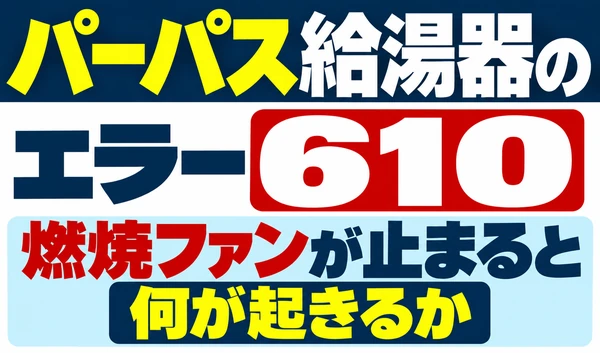 パーパス給湯器のエラー610と、燃焼ファンが止まると何が起きるかを示すサムネイル