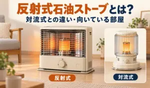 室内の反射式石油ストーブと、丸形の対流式石油ストーブを比較したイラスト