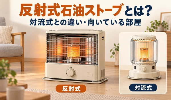 室内の反射式石油ストーブと、丸形の対流式石油ストーブを比較したイラスト