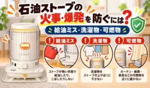 石油ストーブの火事や爆発を防ぐため、給油ミス・洗濯物・カーテンなどの可燃物に関する注意点を紹介するイラスト