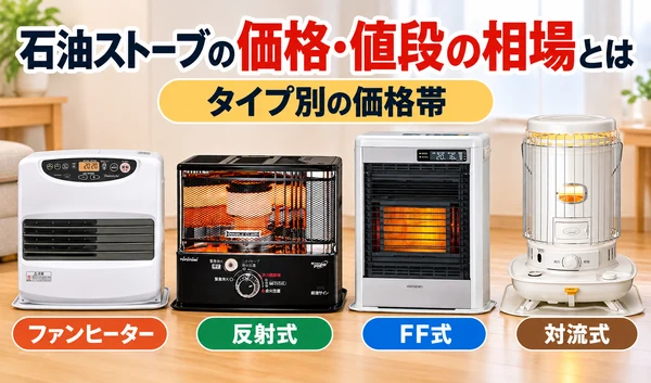 石油ストーブの価格相場を解説するため、ファンヒーター・反射式・FF式・対流式の4種類を左から順番に並べたサムネイル画像