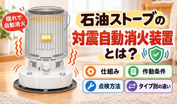 石油ストーブの対震自動消火装置について、仕組み・作動条件・点検方法・タイプ別の違いを紹介するサムネイル画像