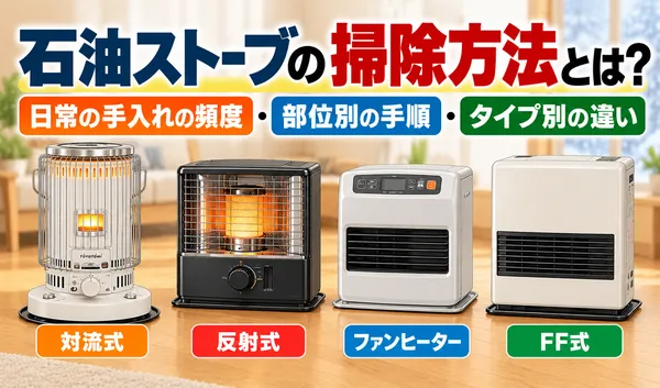 対流式・反射式・石油ファンヒーター・FF式の4種類を並べ、石油ストーブの掃除方法と手入れの頻度、部位別の手順を紹介するサムネイル