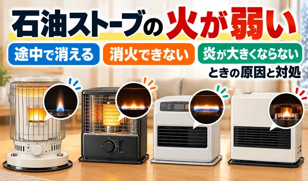石油ストーブの火が弱い、途中で消える、消火できないときの原因と対処を4種類のストーブで紹介するサムネイル