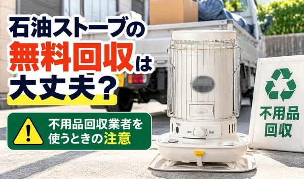 石油ストーブと不用品回収トラックを背景に、無料回収業者を利用するときの注意点を紹介するサムネイル画像。