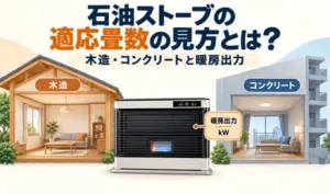 木造住宅とコンクリート住宅の間にFF式石油ストーブを配置し、適応畳数と暖房出力を示したイラスト