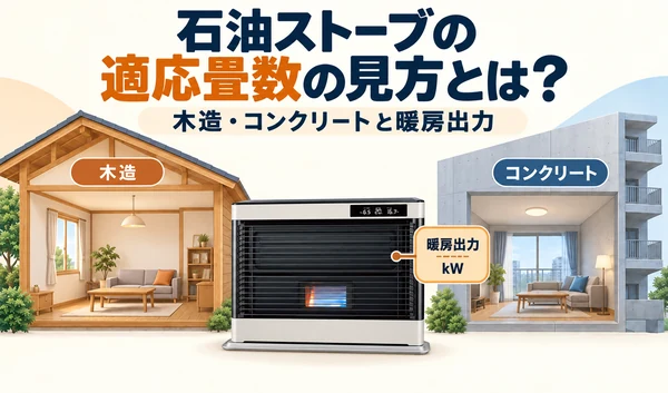 木造住宅とコンクリート住宅の間にFF式石油ストーブを配置し、適応畳数と暖房出力を示したイラスト