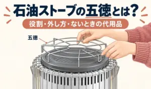 対流式石油ストーブの天板から五徳を持ち上げて外す様子