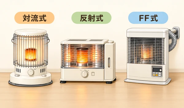 対流式・反射式と、給排気管を備えた縦型のFF式ストーブを並べたイラスト