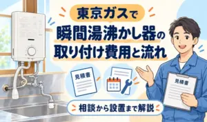 瞬間湯沸かし器と見積書を持つ作業員を描き、東京ガスでの取り付け費用と流れを紹介するサムネイル