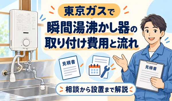 瞬間湯沸かし器と見積書を持つ作業員を描き、東京ガスでの取り付け費用と流れを紹介するサムネイル