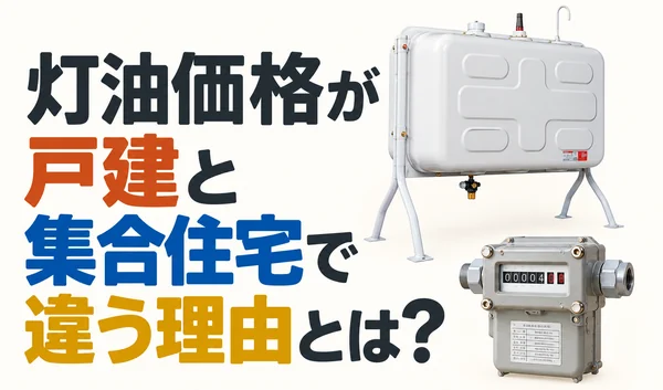 灯油価格が戸建と集合住宅で違う理由を解説するサムネイル。大型灯油タンクと灯油メーターを比較。