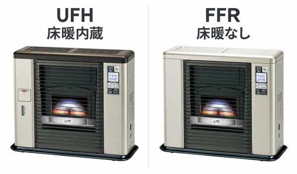 床暖内蔵のUFHを左、床暖なしのFFRを右に並べたストーブの比較画像