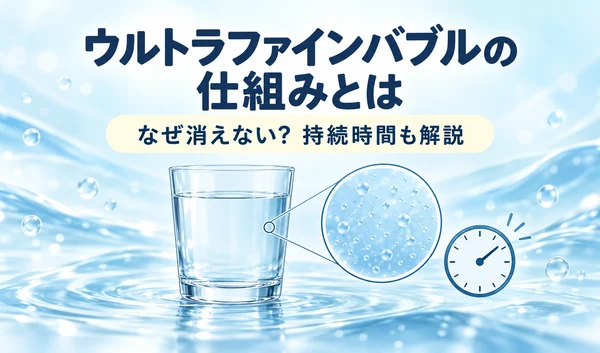 ウルトラファインバブルの仕組みと持続時間をテーマに、水のグラスと微細な泡の拡大図、時計を描いたイラスト