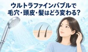 ウルトラファインバブルと毛穴・頭皮・髪をテーマに、シャワーと髪に触れる女性、頭皮の模式図を描いたイラスト