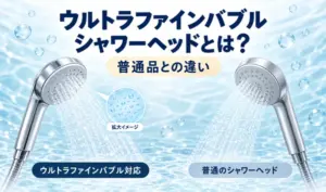 ウルトラファインバブル水の飲用をテーマに、透明な水のグラスと確認用の書類、虫眼鏡を描いたイラスト