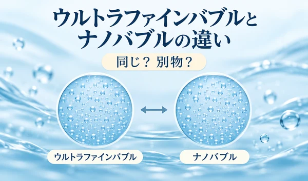 ウルトラファインバブルとナノバブルの微細な泡を並べ、「同じ？別物？」と問いかけるイラスト