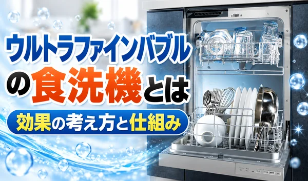 ウルトラファインバブルの食洗機の効果と仕組みを解説するサムネイル。食器やグラスが収納されたビルトイン食洗機を描いた画像。