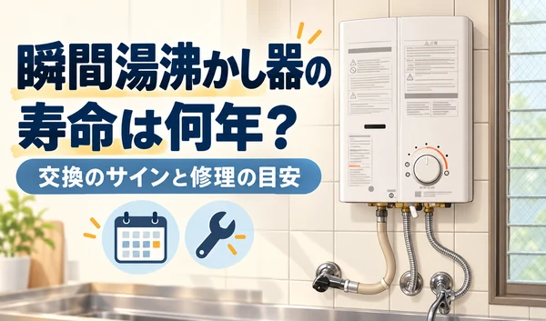 瞬間湯沸かし器とカレンダー、工具を描き、寿命と交換・修理の目安を示したイラスト