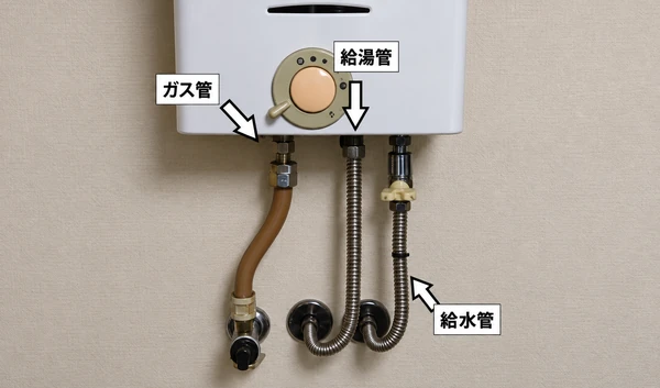 瞬間湯沸かし器の下部に接続されたガス管・給湯管・給水管を矢印で示した画像