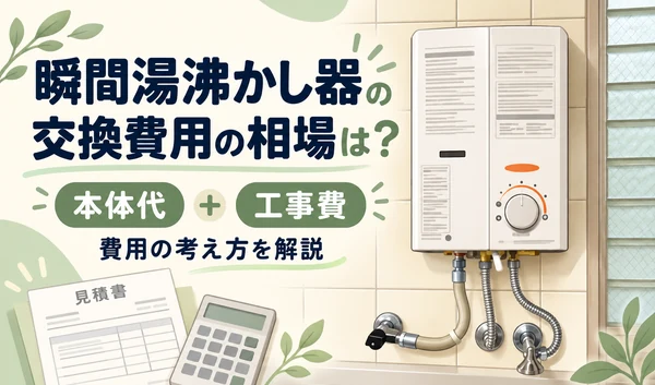 瞬間湯沸かし器と見積書、電卓を描き、本体代と工事費を示したイラスト