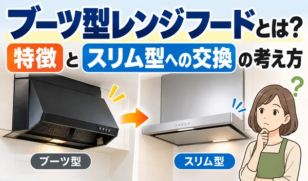 ブーツ型レンジフードとスリム型レンジフードの形状を比較し、交換の考え方を紹介するサムネイル画像