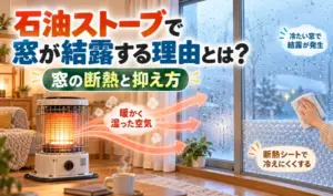 石油ストーブの使用によって窓に結露が発生する仕組みと、窓の断熱シートによる結露対策を紹介するイラスト