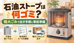 石油ストーブの粗大ごみとしての処分方法を解説するイラスト。灯油を抜く準備、自治体のルール確認、粗大ごみの収集手順を紹介。